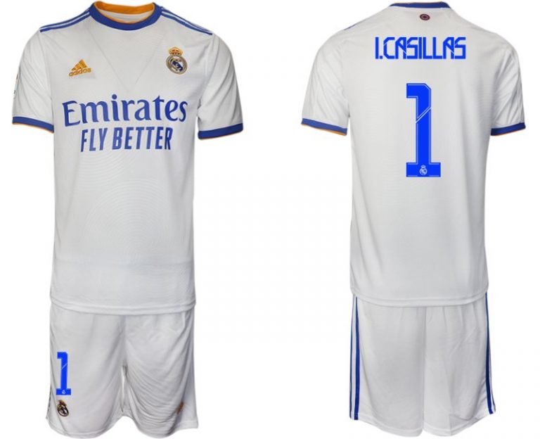 Fußball Trikotsatz Real Madrid Heimtrikot 2022 weiß blau mit Aufdruck I.Casillas 1