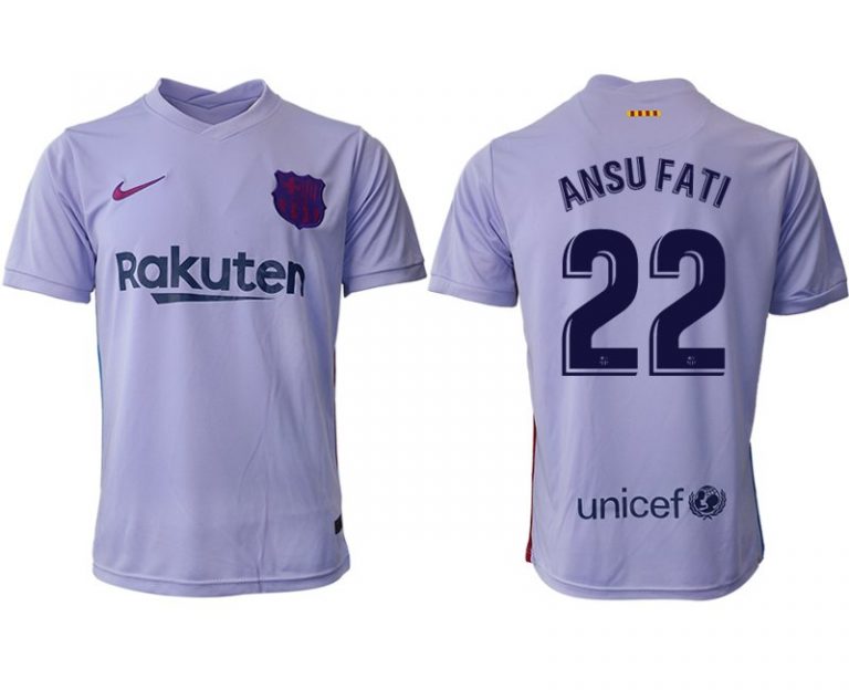 Herren Fußballtrikot FC Barcelona 2021/22 Auswärtstrikot lila/gelb mit Aufdruck ANSU FATI 22