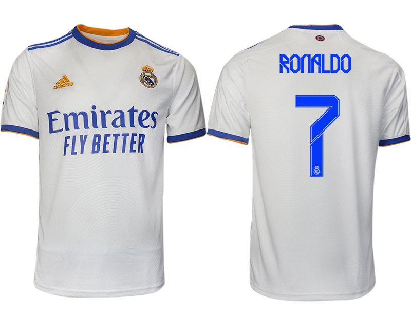 Real Madrid Heimtrikot 2022 weiß blau mit Aufdruck Ronaldo 7