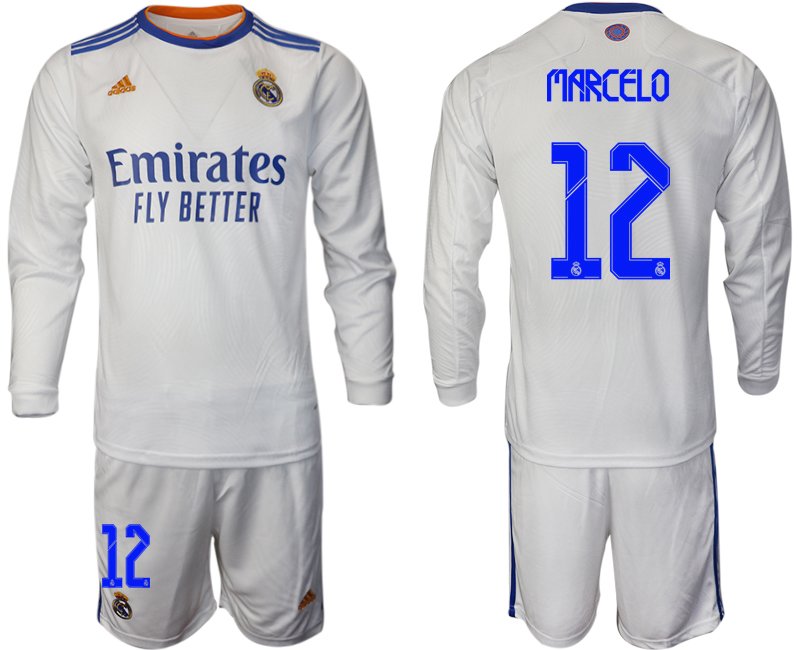 Real Madrid Heimtrikot 2022 weiß Langarm Trikotsatz mit Aufdruck Marcelo 12