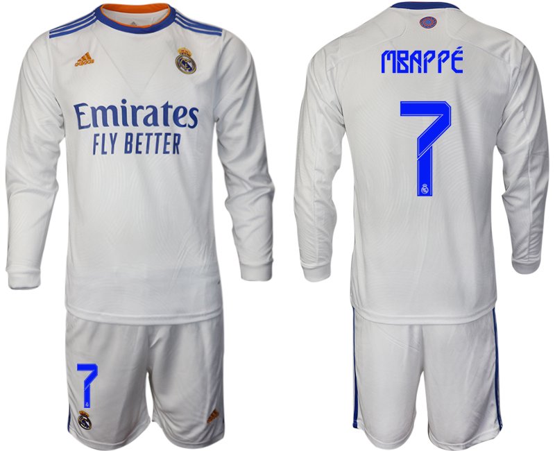 Real Madrid Heimtrikot 2022 weiß Langarm Trikotsatz mit Aufdruck Mbappé 7