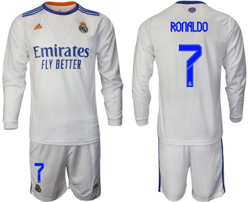 Real Madrid Heimtrikot 2022 weiß Langarm Trikotsatz mit Aufdruck Ronaldo 7