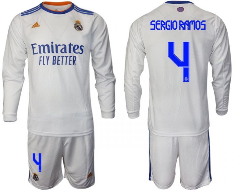 Real Madrid Heimtrikot 2022 weiß Langarm Trikotsatz mit Aufdruck Sergio Ramos 4