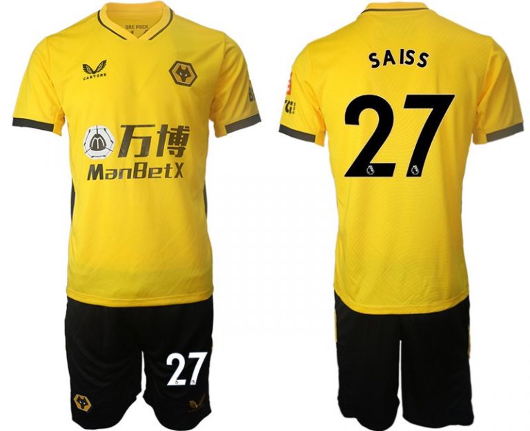 Castore Wolves Heimtrikot Gelb 2022 Kurzarm + Kurze Hosen mit Aufdruck SAISS 27