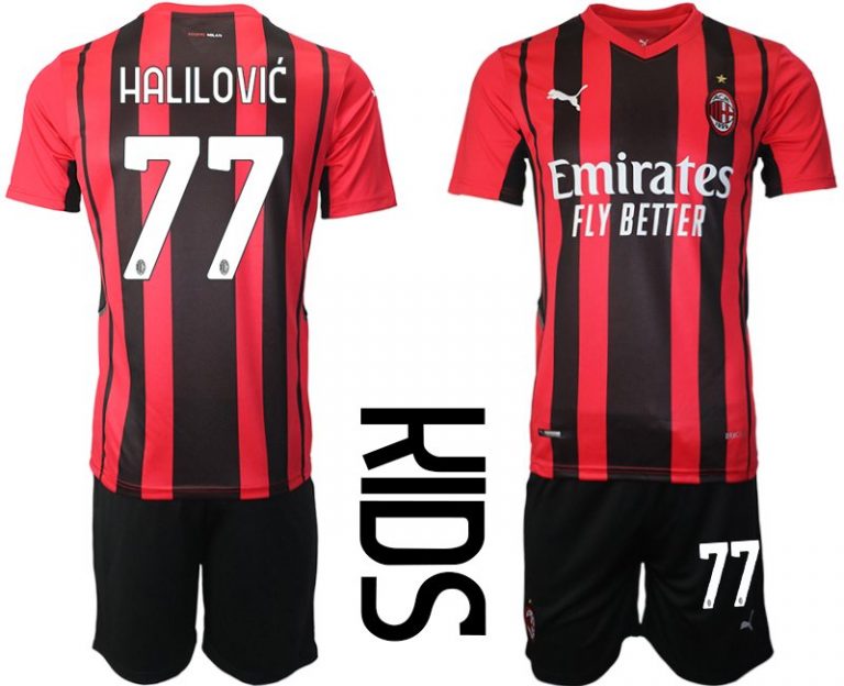 Kinder Fußball Alen Halilovic #77 Heimtrikot Rot Schwarz Trikot Kurzarm + Kurze Hosen