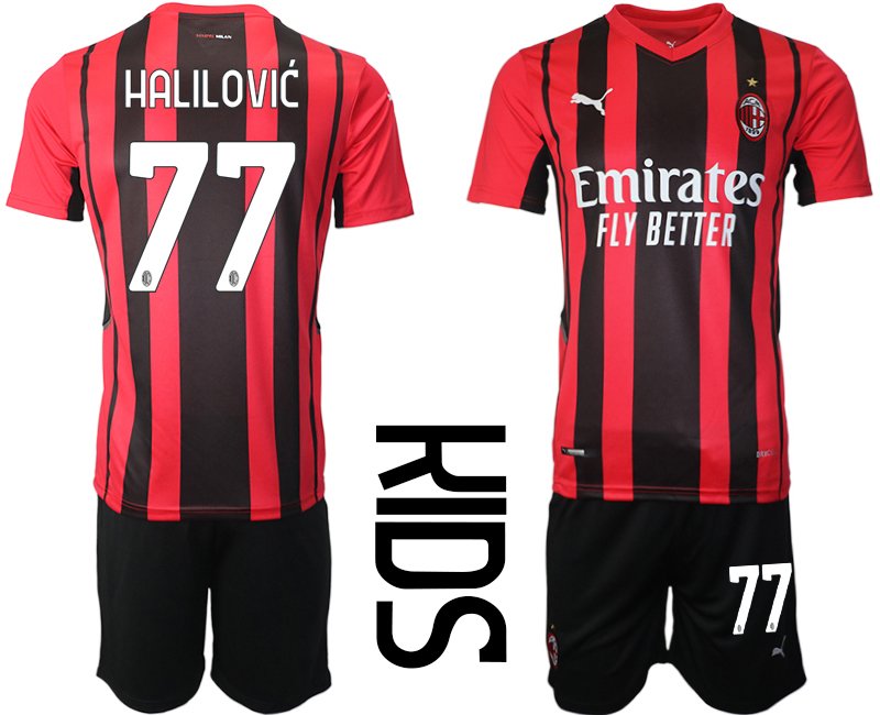 Kinder Fußball Alen Halilovic #77 Heimtrikot Rot Schwarz Trikot Kurzarm + Kurze Hosen