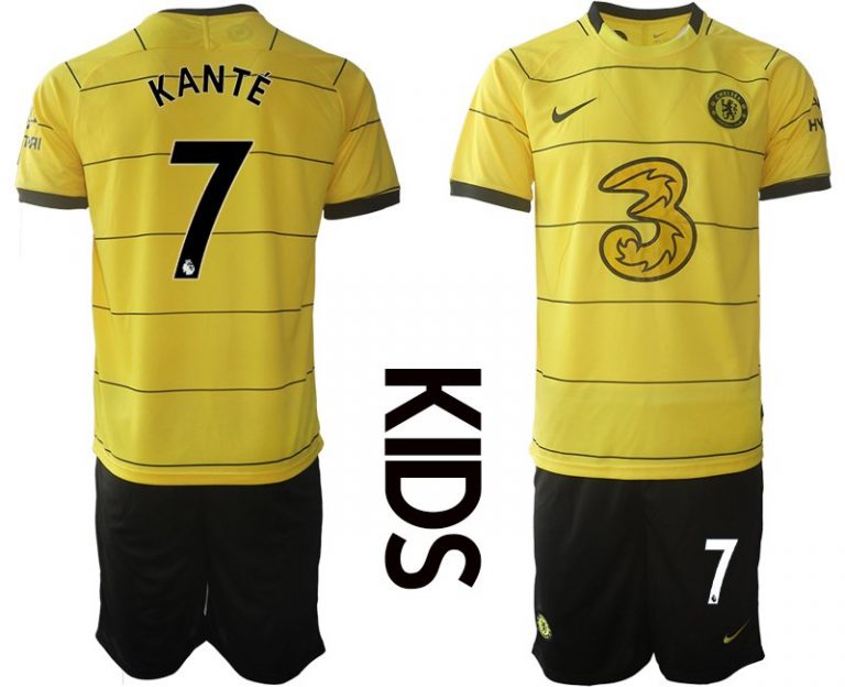 Kinder Fußball Trikot Chelsea FC Auswärtstrikot 2021/22 gelb mit Aufdruck Kanté 7