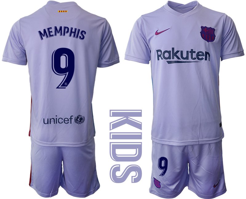 Kinder Fußballtrikot FC Barcelona 2021/22 Auswärts Trikot mit Aufdruck Memphis 9