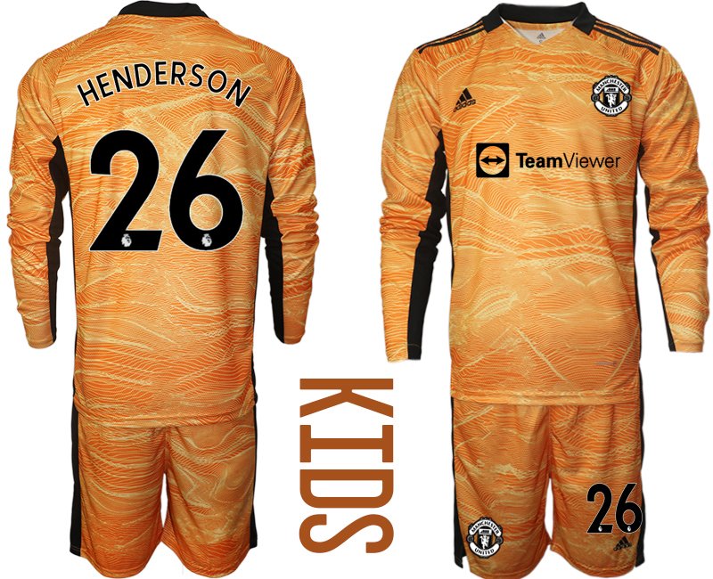 Kinder Manchester United 2022 Torwart Heim Trikotsatz Orange Langarm Henderson 26