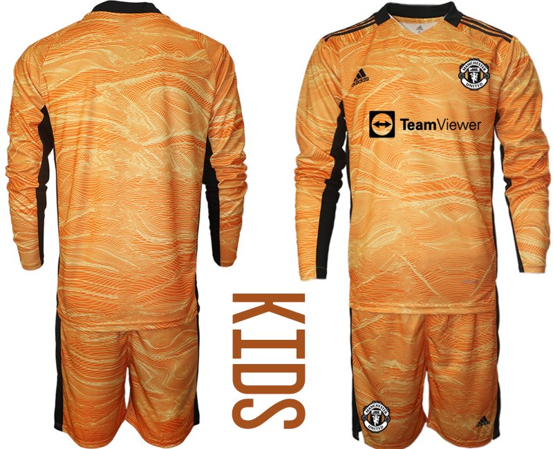 Kinder Manchester United 2022 Torwart Heim Trikotsatz Orange Langarm (+ Kurze Hosen)