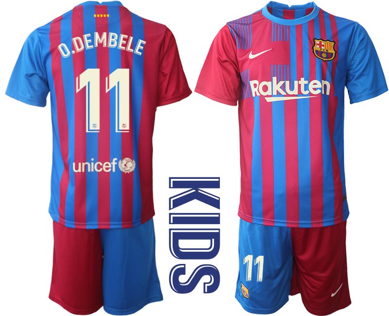 Kindertrikot FC Barcelona 2021/22 Heim Trikotsatz Blau Rot mit Aufdruck O.Dembele 11