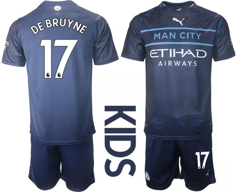 Manchester City Ausweichtrikot 2021/22 Dunkelblau Trikotsatz für Kinder mit Aufdruck De Bruyne 17