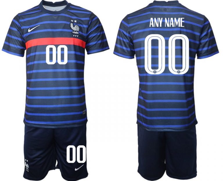 Personalisierbar Herren Kurzarm T-Shirt Frankreich Trikot Home EM 2022 Blau-1