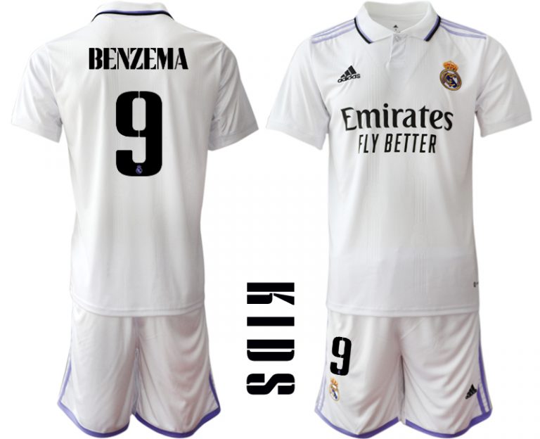 BENZEMA #9 Kinder Heimtrikot Real Madrid Home Trikot weiß lila 2022/23 Günstige Fussballtrikot