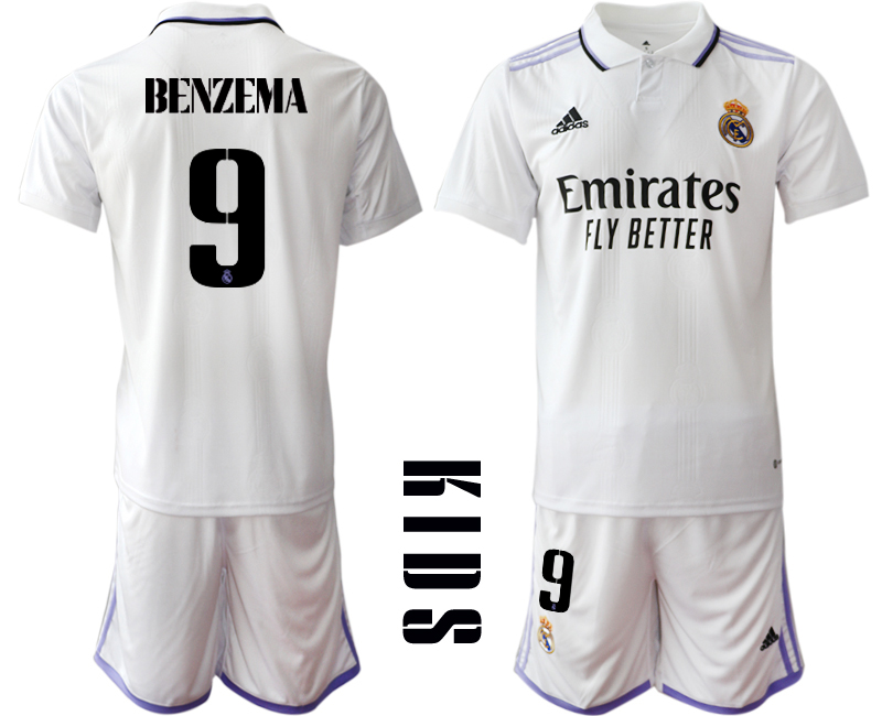 BENZEMA #9 Kinder Heimtrikot Real Madrid Home Trikot weiß lila 2022/23 Günstige Fussballtrikot