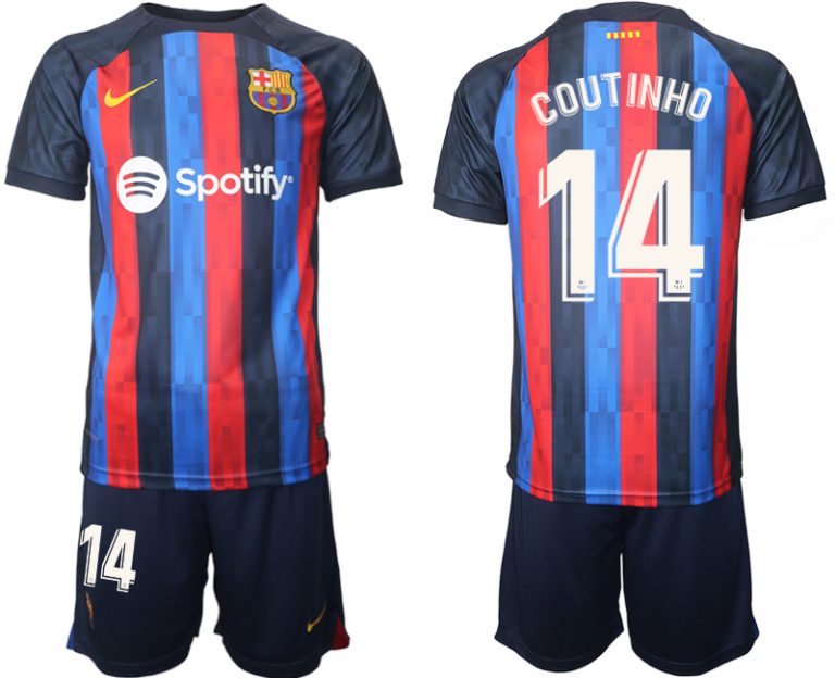 FC Barcelona 2022/23 Heimtrikot dunkles Blau Trikotsatz Kurzarm mit Aufdruck Coutinho 14