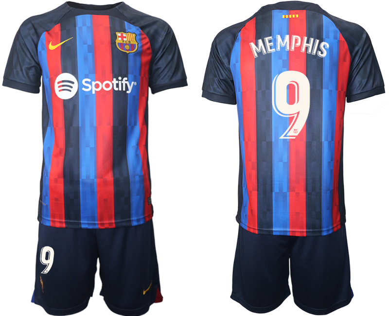 FC Barcelona 2022/23 Heimtrikot dunkles Blau Trikotsatz Kurzarm mit Aufdruck MEMPHIS 9