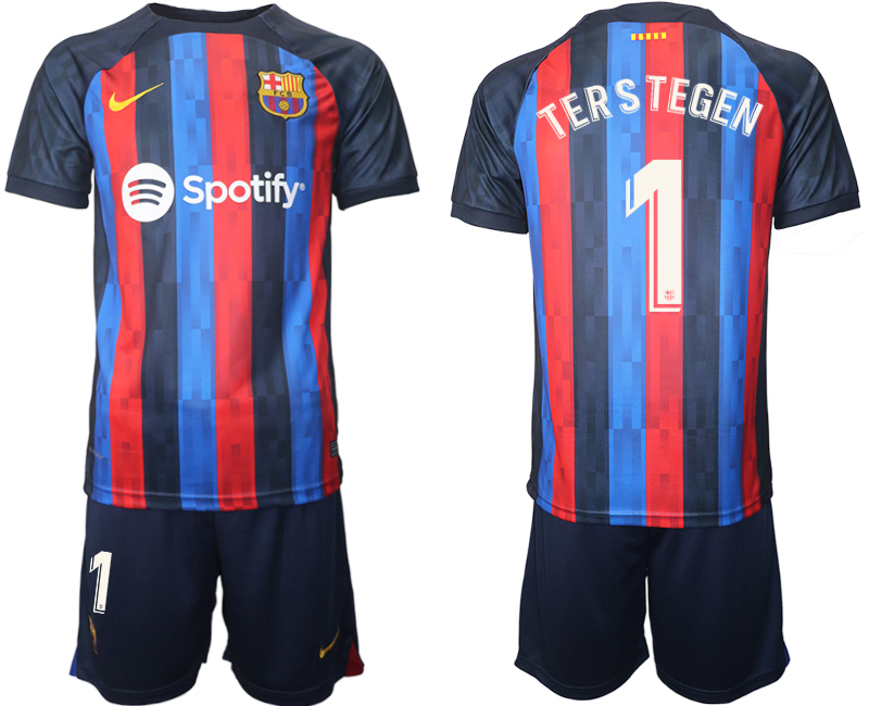 FC Barcelona 2022/23 Heimtrikot dunkles Blau Trikotsatz Kurzarm mit Aufdruck Ter Stegen 1