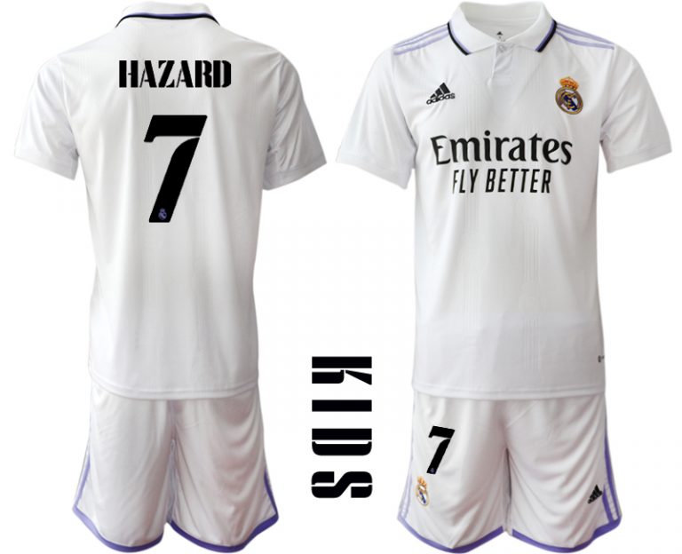 HAZARD #7 Kinder Heimtrikot Real Madrid Home Trikot weiß lila 2022/23 Günstige Fussballtrikot