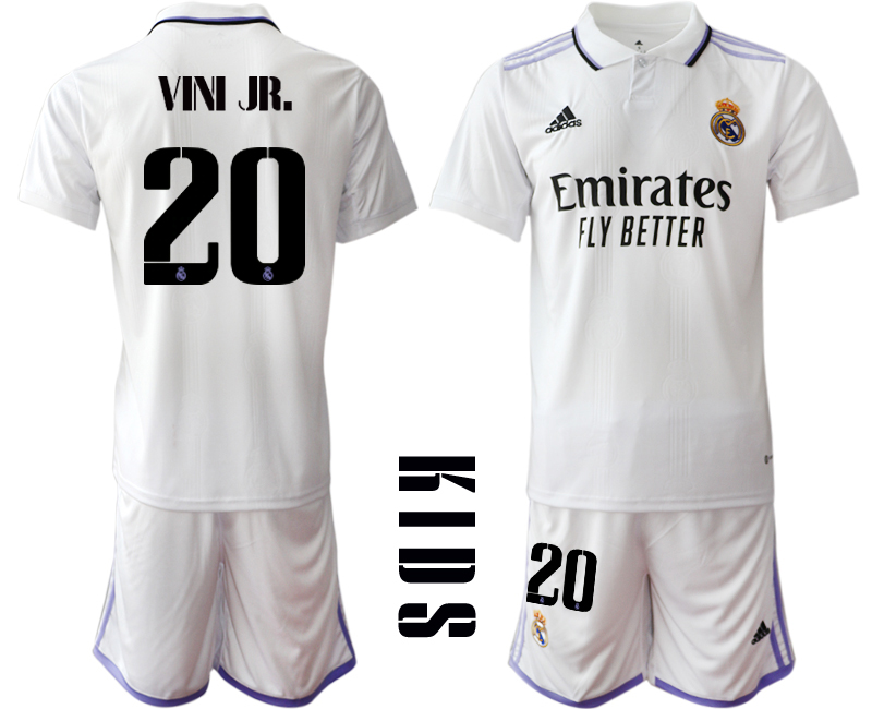 Kinder Heimtrikot Real Madrid Home Trikot weiß lila 2022/23 mit Aufdruck VINI JR.20