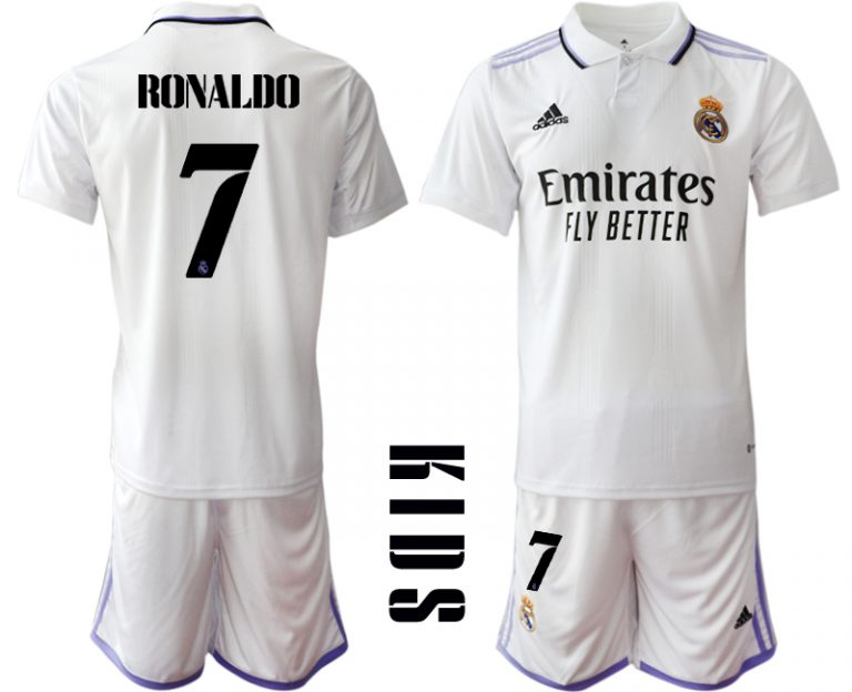 RONALDO #7 Kinder Heimtrikot Real Madrid Home Trikot weiß lila 2022/23 Günstige Fussballtrikot