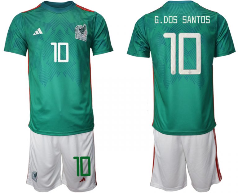 Mexiko Trikots 2022 Heimtrikot Trikotsatz Grün Kurzarm + Weiß Kurze Hosen G.DOS SANTOS #10