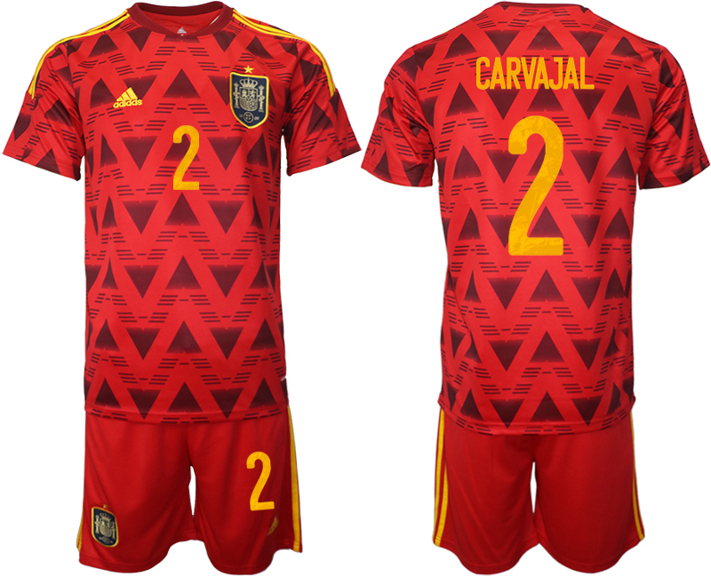 Spanien Heimtrikot WM 2022 Rot Trikotsatz Kurzarm + Kurze Hosen mit Aufdruck CARVAJAL 2