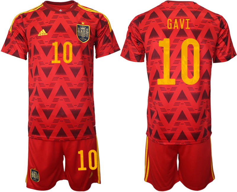 Spanien Heimtrikot WM 2022 Rot Trikotsatz Kurzarm + Kurze Hosen mit Aufdruck GAVI 10