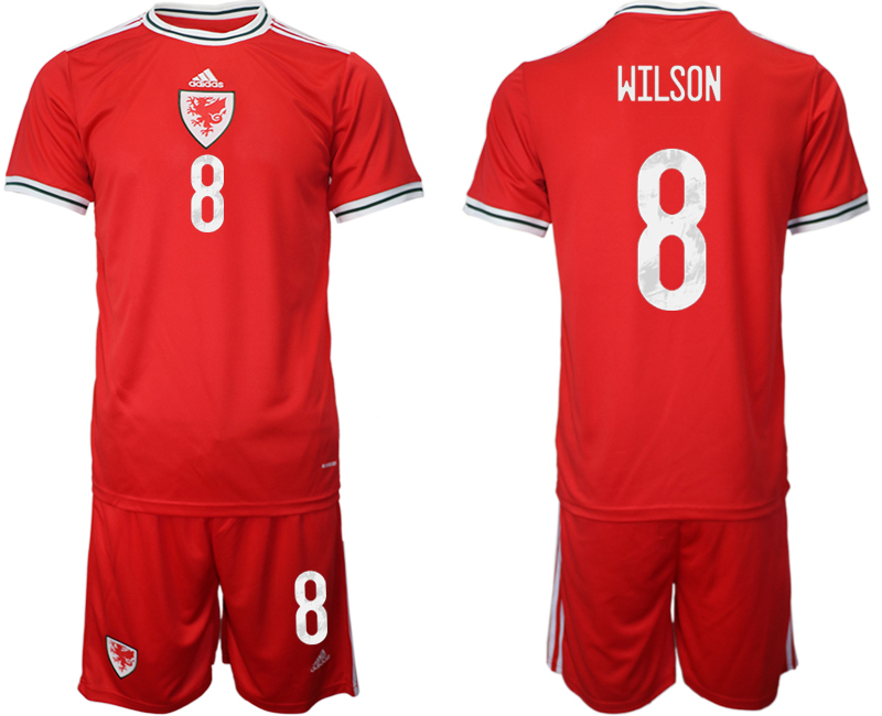 Wales Heimtrikots 2022 rot Trikotsatz Kurzarm + Kurze Hosen WILSON #8