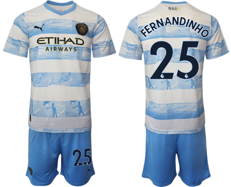 Manchester City Aufwärmtrikot 2022/2023 weiß blau Kurzarm + Kurze Hosen FERNANDINHO 25