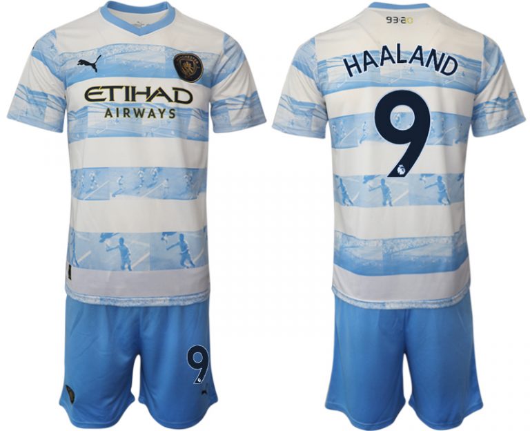 Manchester City Aufwärmtrikot 2022/2023 weiß blau Trikotsatz mit Aufdruck HAALAND 9