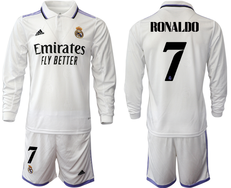 RONALDO #7 Real Madrid Trikots 2022-23 Heimtrikot Weiß Langarm + Kurze Hosen