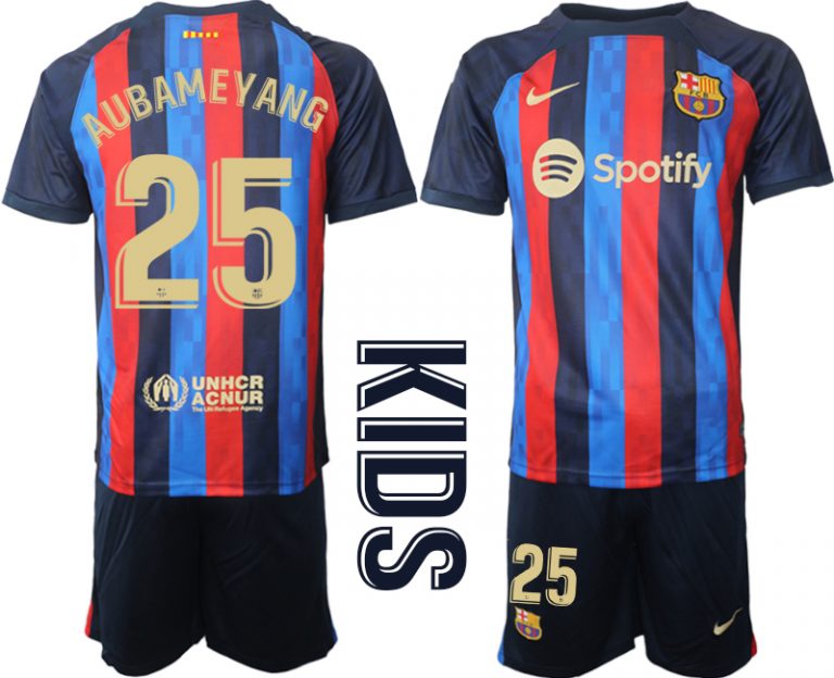 FC Barcelona Kinderheim Trikot 2022/23 Navy Blau Fußballtrikots Set mit Aufdruck AUBAMEYANG 25