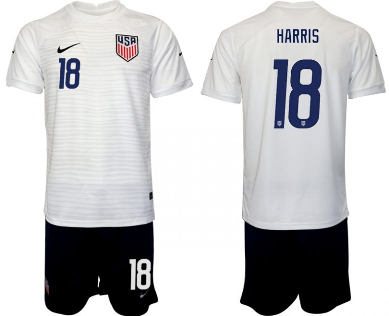 Fußballtrikot für Herren USA Heimtrikot WM 2022 Weiß Schwarz Fußballtrikots Set HARRIS 18