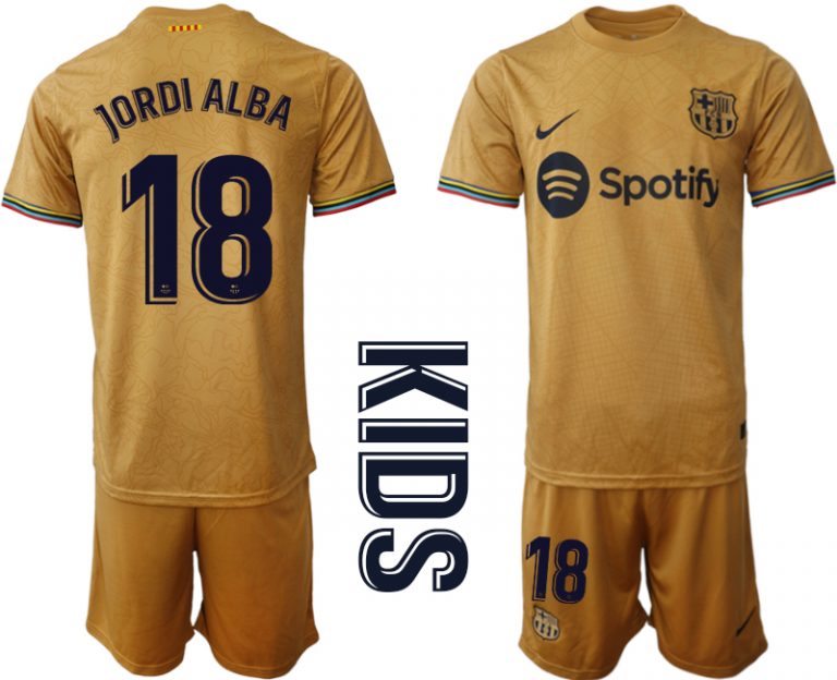 Kinder FC Barcelona 22-23 Auswärtstrikot Goldene Grundfarbe Fußballtrikots Set JORDI ALBA 18