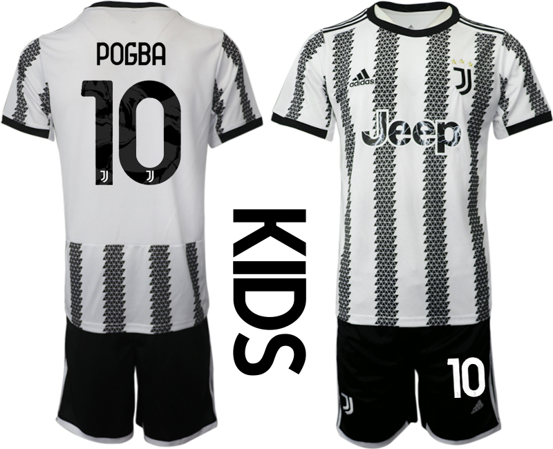 Kinder Juventus FC 2022-23 Heimtrikot Schwarz Weiß Kurzarm + Kurze Hosen POGBA 10