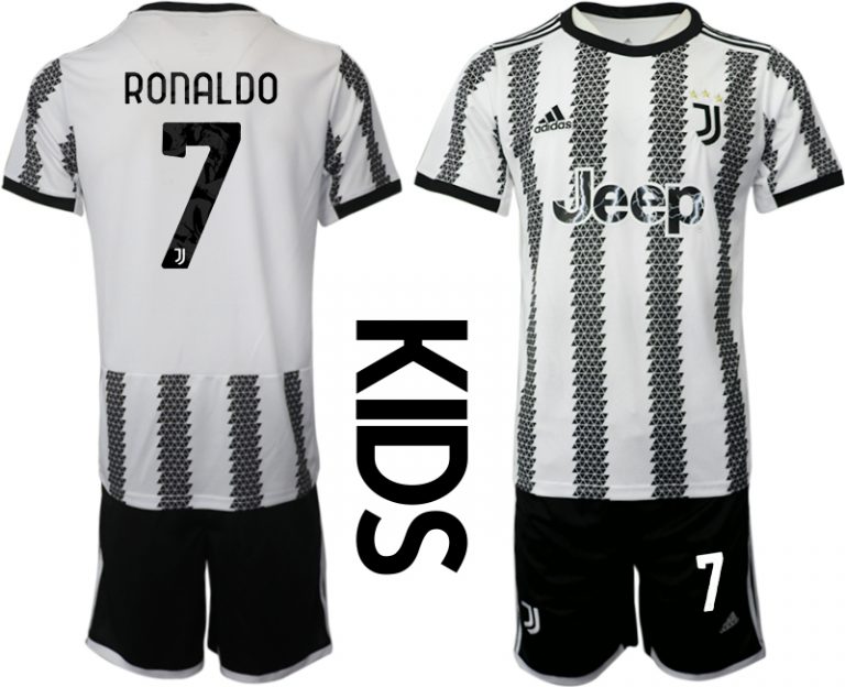 Kinder Juventus FC 2022-23 Heimtrikot Schwarz Weiß Kurzarm + Kurze Hosen RONALDO 7