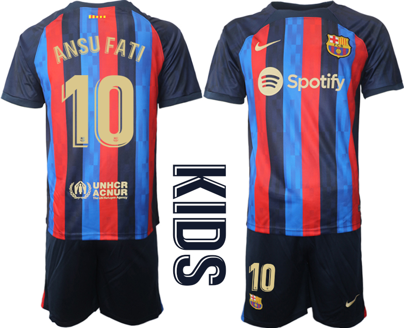 Neues FC Barcelona Kinderheim Trikot 2022/23 Trikotsatz Navy Blau FußballTrikots ANSU FATI 10