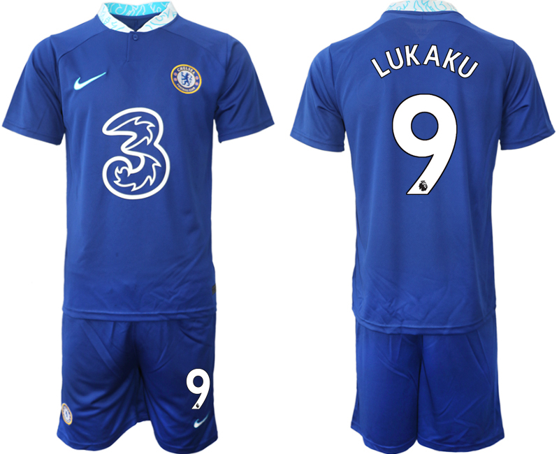 Herren Chelsea FC 22-23 Heimtrikot Deutschland blau Kurzarm + Kurze Hosen LUKAKU 9