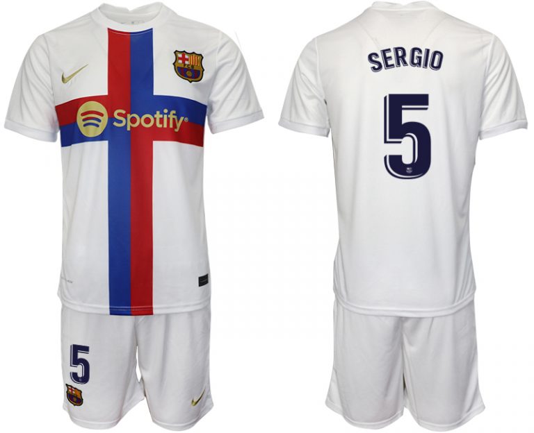 Herren FC Barcelona 2022/23 Ausweichtrikot weiß Trikotsatz Kurzarm + Kurze Hosen SERGIO 5