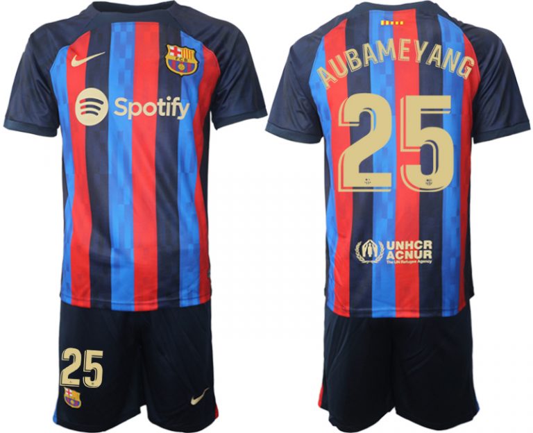 Herren FC Barcelona 22/23 Heimtrikot dunkelblau Kurzarm + Kurze Hosen AUBAMEYANG 25