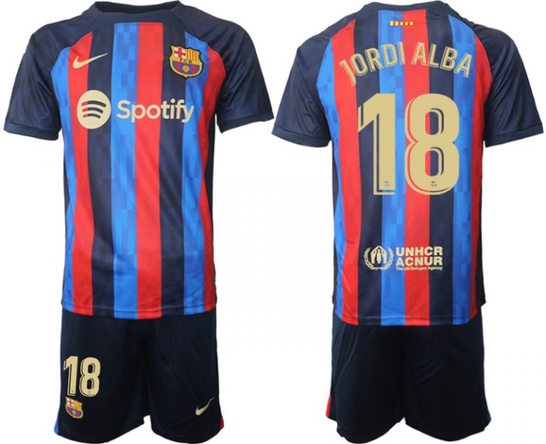 Herren FC Barcelona 22/23 Heimtrikot dunkelblau Kurzarm + Kurze Hosen JORDI ALBA 18