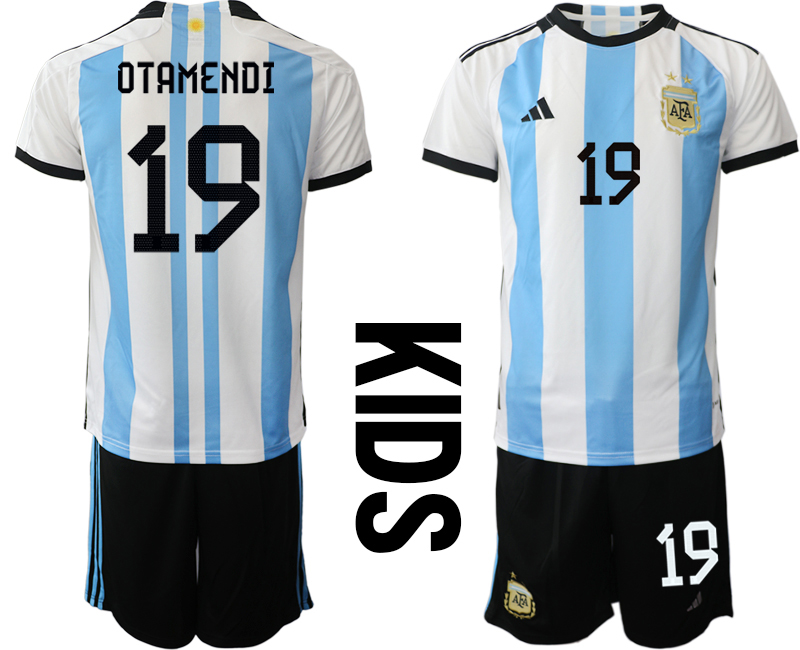 Kinder Fußball Argentinien Heimtrikot WM 2022 weiss blau Trikotsatz OTAMENDI 19