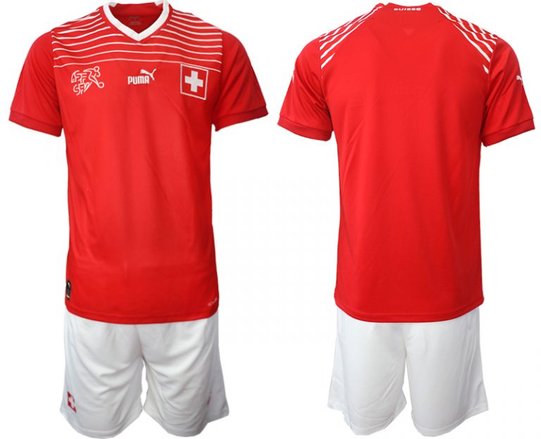 Neues Schweiz EM 2022 Heimtrikot Rot Kurzarm + weiß Kurze Hosen Bestellen