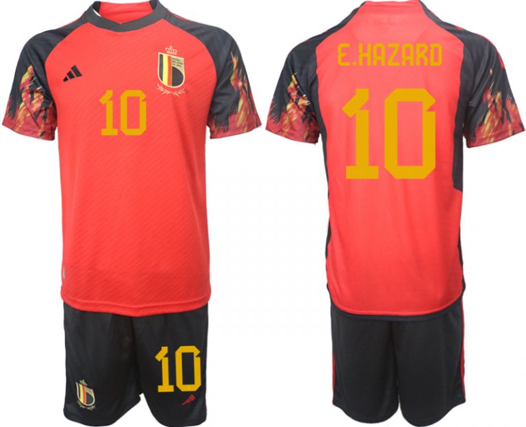 Fußballtrikot für Herren Belgien WM 2022 Heimtrikot rot schwarz Trikotsatz E.HAZARD 10