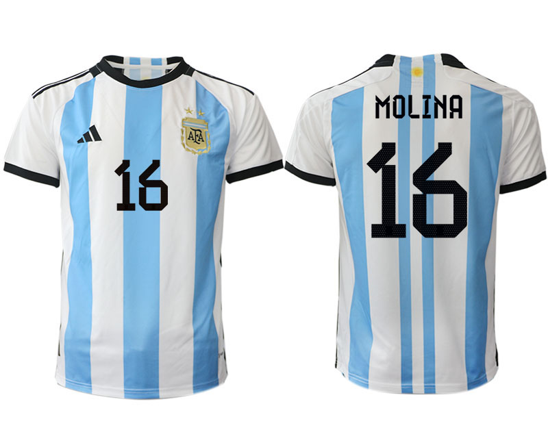 Fussballtrikots Günstig Argentinien Heimtrikot WM 2022 Weiss Blau Kurzarm MOLINA 16