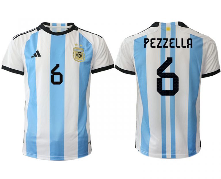 Herren Argentinien Heimtrikot WM 2022 Weiss Blau Kurzarm Fussballtrikots PEZZELLA 6