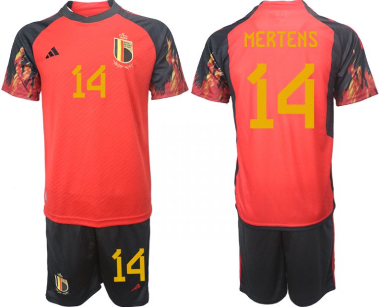 Herren Belgien WM 2022 Heimtrikot rot schwarz Trikotsatz mit Aufdruck MERTENS 14