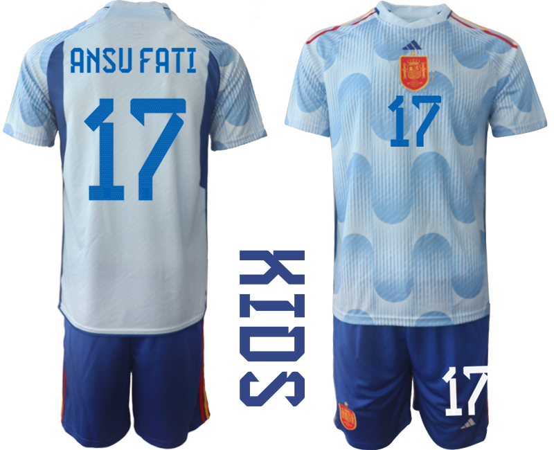 Kinder Fußball Trikot Spanien WM 2022 Auswärtstrikot Hellblaue Trikotsatz ANSU FATI 17