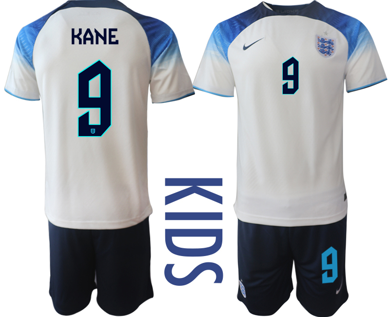 Kinderheim Trikot England 2022 World Cup weiß blau Fußballtrikot Kaufen KANE 9